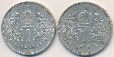 Ausztria 1912-1914. 1K Ag "Ferenc József" (2x) T:2 aró ph.
Austria 1912-1914. 1 Corona Ag...