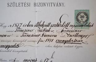 1876 Születési Bizonyítvány, Pesti Izraelita Hitközség Elöljárósága, száraz pecséttel, okmánybélyegg...