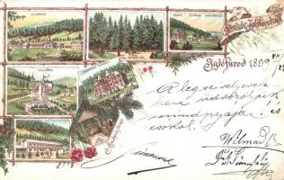 1899 Iglófüred, Spisská Nová Ves Kupele; Üstökös tér, Hungária, Millenium és Tátra szállodák / square, hotels, floral, litho (EK)