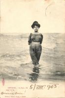 Ostend, Ostende; Au Bain / lady in bathing suit, gently erotic postcard (vágott / cut)