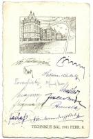 Budapest XI. a Műszaki Egyetem épülete, az 1911-es Technikus Bál emléklapja a Báli tisztikar aláírásaival, kiadja Szénásy Béla, studentika (EK)
