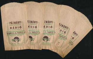 cca 1930 Pázmányi Rádió kisplakát  17x24 cm + 9 db reklámos alkatrésztartó papírzacskó