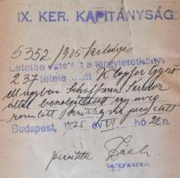 1925 IX. ker. kapitányság bűnjel regisztrációs dokumentum viaszpecséttel, 17x11cm