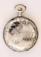 cca 1910 Ezüst zsebóra, duplafedeles, svajci szerkezet. téli, szános jelenettel, kitisztítva, jól mű...