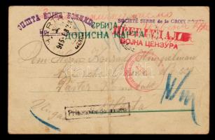 1915 Tábori postai levelezőlap, a Szerb Vöröskereszt által feladva. Rajta cenzúrapecséttel, valamint hadifogoly pecséttel.