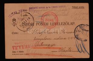 1915 Tábori postai levelezőlap, Belgrádban, a Szerb Vöröskereszt által feladva. Rajta cenzúrapecséttel.