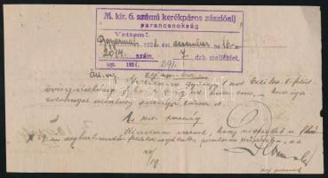 1921 Igazolás, M. kir. 6. számú kerékpáros zászlóalj parancsnokság, 10x19cm