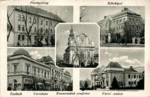 Szolnok, Pénzügyőrség, Bábaképző, Városháza, Ferenc rendiek temploma, színház (EB)