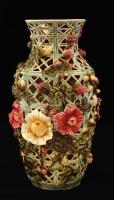 Zsolnay díszváza, kézzel festett porcelánfajansz, egész testen áttört és domború virágmintás díszítéssel, jelzett (TJM cca 1890), apró tűzrepedésekkel, formaszám:3967, m:31 cm