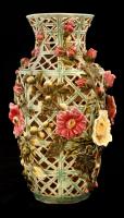 Zsolnay díszváza, kézzel festett porcelánfajansz, egész testen áttört és domború virágmintás díszíté...