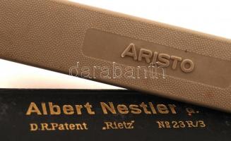 A. Nestler logarléc, valamint Aristo léptékvonalzó, mindkettő eredeti tokjában. + logarléc