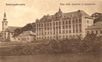 Székelyudvarhely, Odorheiu Secuiesc; Római Katolikus templom és gimnázium, kiadja Szvoboda J. / Catholic church and the grammar school (vágott / cut)