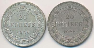 Szocialista Szövetségi Szovjet Köztársaság 1922-1923. 20k Ag (2x) T:2- Russian Socialist Federated Soviet Republic 1922-1923. 20 Kopeks Ag (2x) C:VF
