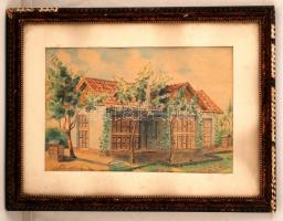 Lehoczky Mihály (?-?): Méhész ház?. Színes ceruza, papír, jelzett, üvegezett keretben, 23×35 cm