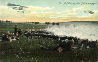 Zur Aufklärung dem Feind entgegen / reconassiance against the enemy with aircraft, German soldiers in firing line