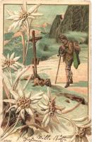 Mountaineer on the mountain, Edelweiss flower, Emb., litho (EK)