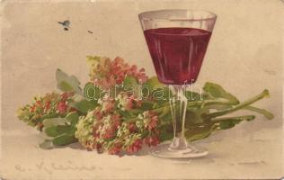 Flowers with glass of wine, Meissner &amp; Buch Künstlerpostkarten Serie 1646. litho s: C. Klein (EK)