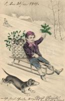 Prosit Neujahr! / New Year, boy on sledge, dogs, H.W.I.B. Serie 110. (EK)