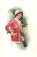 Lady with tennis racket, Italian art postcard, Erkal No. 336/2., s: Usabal (EK)