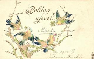 Boldog Újévet! / New Year, birds with clover, Emb. (EK)