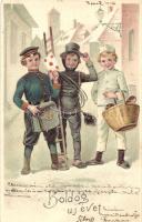 Boldog Újévet! / New Year, postman, chimney sweeper, baker, Emb., litho (EK)