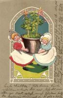 Girls with oversized flowerpot, clovers, Dutch folklore, Emb., litho (EK)