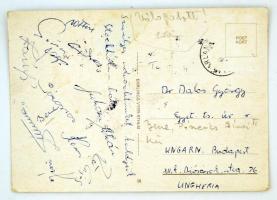 1972 A magyar labdarúgó-válogatott tagjainak üdvözlőlapja Stockholmból, a játékosok aláírásával, így közte: Bene, Zámbó, Kű, Szűcs, Géczi, Szőke, Juhász, stb.