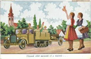 &#039;Házunk előtt mennek el a tüzérek...&#039; / Hungarian artillery platoon on truck, girls in traditional dress, s: Kluka