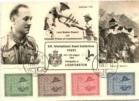 1953 XIV. Nemzetközi Cserkészkonferencia emléklapja, Lord Baden-Powell átadja a tábor jelvényét, egy Jákobpálcát Emanuel lichtensteini hercegnek, a képes oldalon a 'Nemzetközi Cserkészkonferencia' sorral / Memorial card of the XIV. International Scout Conference, Lord Baden-Powell passes the camp's insignia, an Jacob's staff to Prince Emanuel of Lichtenstein; with full stamp line on the picture side