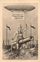 Hier werden noch Kriegserklärungen angenommen! / Here declarations of war are still accepted!, airship, boy sitting on artillery cannon, mocking postcard (EK)