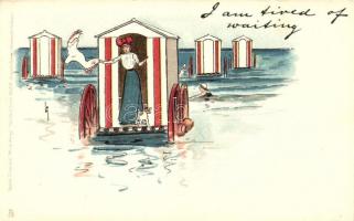 I am tired of waiting / Lady in bathing cabin, Raphael Tuck & Sons Write Away Series No. 642 IV., litho, s: L. Thackeray