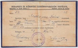 1948 Bp., A Budapesti és Környéki Szekérfuvarozók Testülete által kiállított parkolási engedély