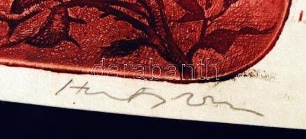 Hertay Mária (1932-): Gránátalma. Színes rézkarc (2db), papír, jelzett, 14×9 és 9×15  cm