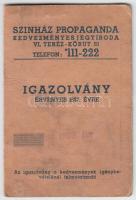 1938 Színházi Propaganda igazolvány, arcképes, 11x7cm