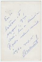 1962 Molnár Tibor(1921-1982) színművész üdvözlő sorai az őt ábrázoló fotó hátoldalán