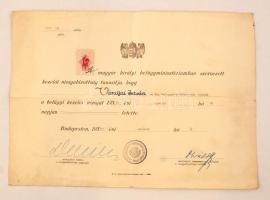 1941 M. kir. belügyminiszteri  díjnok belügyi kezelői vizsgát tett, oklevél okmánybélyeggel (2 pengő), 25x35cm