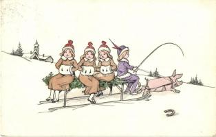 Christmas, pig sled, R.F. Wien I. Serie 152. (EK)