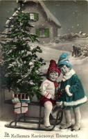 &#039;Kellemes Karácsonyi Ünnepeket&#039; / christmas, children with sled and christmas tree (fa)