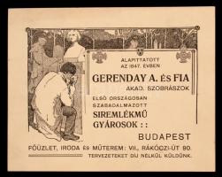 1913 Gerenday A. és fia akad. szobrászok reklámnyomtatványa, hátoldalán német, ill. magyar nyelvű feljegyzéssel. 12x15,5 cm.