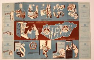 cca 1950 Magyarország Autóbuszhálózata, verzón reklámmal, hajtógatva, 42x66cm