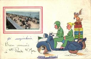 6 db RÉGI humoros francia lap, autókkal / 6 old humorous French art postcard with automobiles