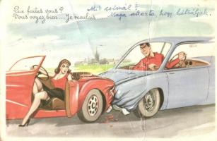 6 db RÉGI humoros francia lap, autókkal / 6 old humorous French art postcard with automobiles