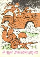 13 db MODERN humoros grafikai katonai lap, Pusztai Pál rajzaival / 13 modern humorous graphic military postcards, signed by Pusztai Pál