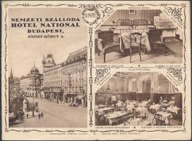 cca 1930 Nemzeti Szálloda, Hotel National, Budapest, kihajthatós ismertető nyomtatvány, 12x16cm+ Hotel Royal, Győr, kihajthatós ismertető nyomtatvány, (hibás), 20x31cm