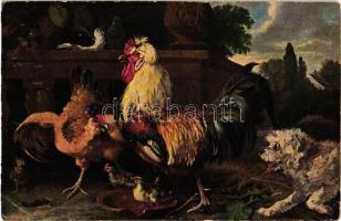 Rooster with chikcen, dog, T.S.N. Serie 1548. (EK)