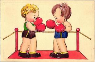 Boxing children, hand-made art postcard (non PC) (cut)