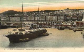 Algiers, Alger; Panorama et Transatlantique dans le Port / departure of a transatlantic ship