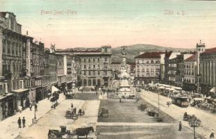 Linz an der Donau; Franz Josef-Platz, K.K. Hofbuchdruckerei J. Feichtingers Eben / market square, tram, Austro-Hungarian state printing press (EK)