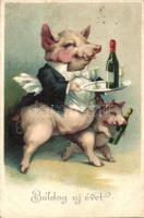 New Year, Pig waiter serving champagne, litho (EK)