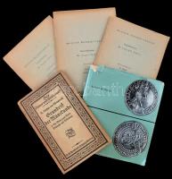 5db-os magyar és külföldi szakiralom tétel, benne: Dr. Arnold Luschin von Ebengreuth: Grundriß der Münzkunde. I: Die Münze nach Wesen, Gebrauch und Bedeutung. Aus Natur und Geisteswelt - Sammlung wissenschaftlich-gemeinverst,andlicher Darstellungen, 91. Bändchen. Leipzig, Berlin, B.G. Teubner Verlag, 1918. + Unger Emil: Magyar Éremhatározó. Középkor II. füzet, Erdély II. füzet, Vegyes. Budapest, Magyar Régészeti Művészettörténeti és Éremtani Társulat Éremtani Szakosztályának kiadása, 1960-1962. + Lajos Huszár: Monnaies de Hongrie. Budapest, Corvina, 1963.